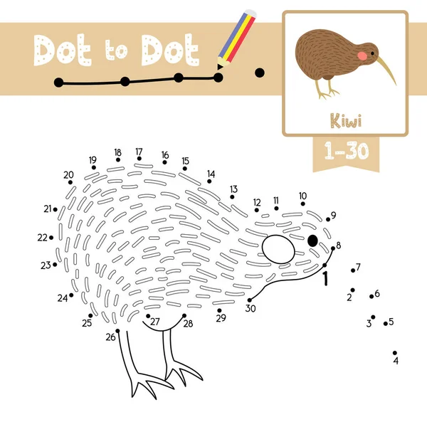 就学前の子供たちのためのKiwi鳥の動物の漫画のキャラクターのドットToドット教育ゲームとぬり絵の本カウント番号1 30と手書きの練習ワークシートについての活動 ベクターイラスト — ストックベクタ