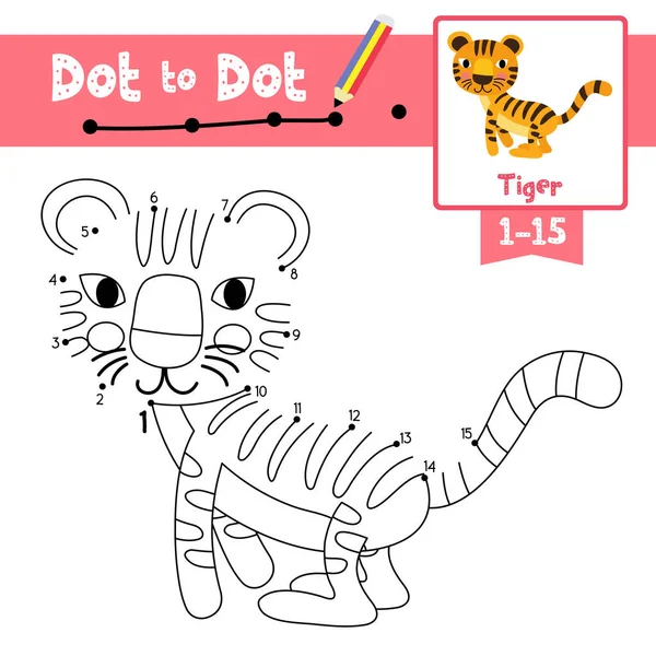 Dot Dot Educational Game Coloring Book Standing Tiger Animals Cartoon — Stock Vector