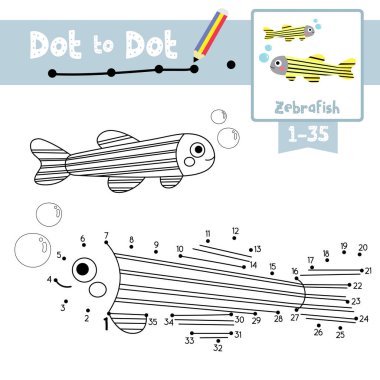 Nokta eğitici oyun ve Zebrafish Hayvanları Boyama çizgi film karakteri anaokulu çocuk aktiviteleri için 1-35 'i saymak ve el yazısı alıştırması çalışmaları hakkında. Vektör İllüstrasyonu.