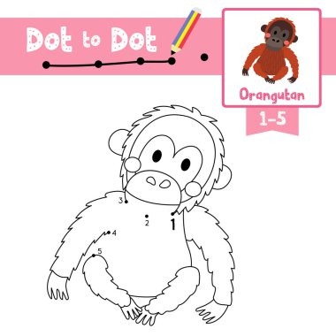 Nokta eğitimsel oyun ve Oturan Orangutan Hayvanları Boyama çizgi film karakteri anaokulu öğrencilerinin 1-5 'i saymayı ve el yazısı alıştırması çalışmalarını öğrenmek için. Vektör İllüstrasyonu.
