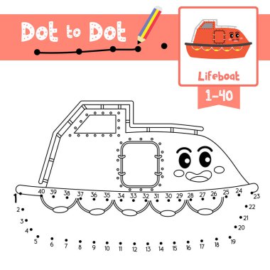 Anaokulu çocukları için şirin cankurtaran botu karikatür taşımacılığının nokta nokta eğitim oyunu ve boyama kitabı 1-40 numara ve el yazısı alıştırması çalışma tablosunu saymakla ilgili. Vektör İllüstrasyonu.