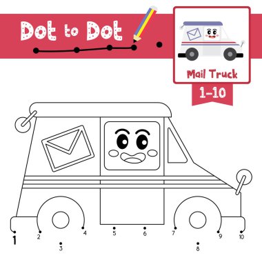 Anaokulu öğrencilerinin 1-10 'u saymak ve el yazısı alıştırması yapmak için şirin posta kamyonu karikatür taşımacılığının nokta nokta eğitim oyunu ve boyama kitabı. Vektör İllüstrasyonu.