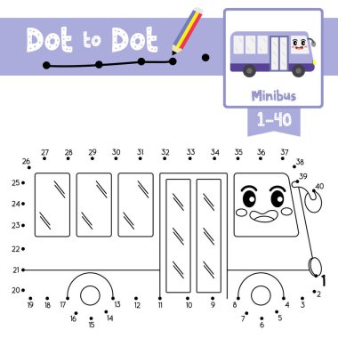 Anaokulu öğrencilerinin okul öncesi aktiviteleri için şirin Minibus karikatür taşımacılığının nokta nokta eğitim oyunu ve boyama kitabı 1-40 numara ve el yazısı alıştırması çalışma tablosu hakkında. Vektör İllüstrasyonu.