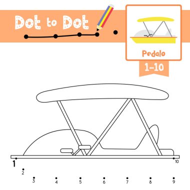 1-10 numara ve el yazısı alıştırmaları ile ilgili okul öncesi çocuk aktiviteleri için şirin Pedalo çizgi film taşımacılığının nokta nokta eğitim oyunu ve boyama kitabı. Vektör İllüstrasyonu.
