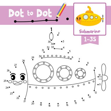 Anaokulu çocukları için şirin denizaltı karikatür taşımacılığının nokta nokta eğitim oyunu ve boyama kitabı 1-35 numara ve el yazısı alıştırması çalışma tablosu. Vektör İllüstrasyonu.