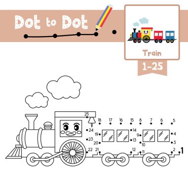 Anaokulu çocuk aktiviteleri için şirin tren karikatür taşımacılığının nokta nokta eğitim oyunu ve boyama kitabı 1-25 numara ve el yazısı alıştırması çalışma tablosu hakkında. Vektör İllüstrasyonu.