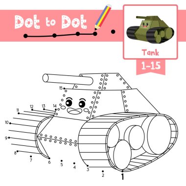 Noktadan noktaya eğitici oyun ve çocuk aktiviteleri için Tank karikatür boyama kitabı 1-15 'i saymak ve el yazısı alıştırması çalışma tablosu. Vektör İllüstrasyonu.