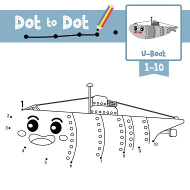 Çocuk aktiviteleri için U-Boat karikatür taşımacılığının nokta nokta eğitim oyunu ve boyama kitabı 1-10 ve el yazısı alıştırması çalışma kağıtlarını saymakla ilgili. Vektör İllüstrasyonu.