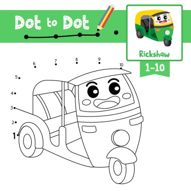 Noktadan noktaya eğitici oyun ve çocuk aktiviteleri için Oto Rickshaw 'un Boyama Kitabı 1-10 ve el yazısı alıştırmaları ile ilgili karikatür taşımacılığı. Vektör İllüstrasyonu.