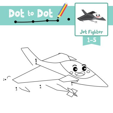Nokta-eğitim oyunu ve çocuk aktiviteleri için Jet Fighter çizgi film taşımacılığının boyama kitabı 1-5 numara ve el yazısı alıştırması çalışma tablosu. Vektör İllüstrasyonu.