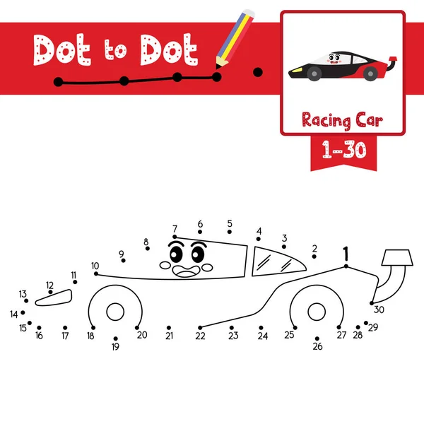 Tečka Dot Vzdělávací Hra Omalovánky Roztomilé Závodní Auto Karikatury Transportace — Stockový vektor