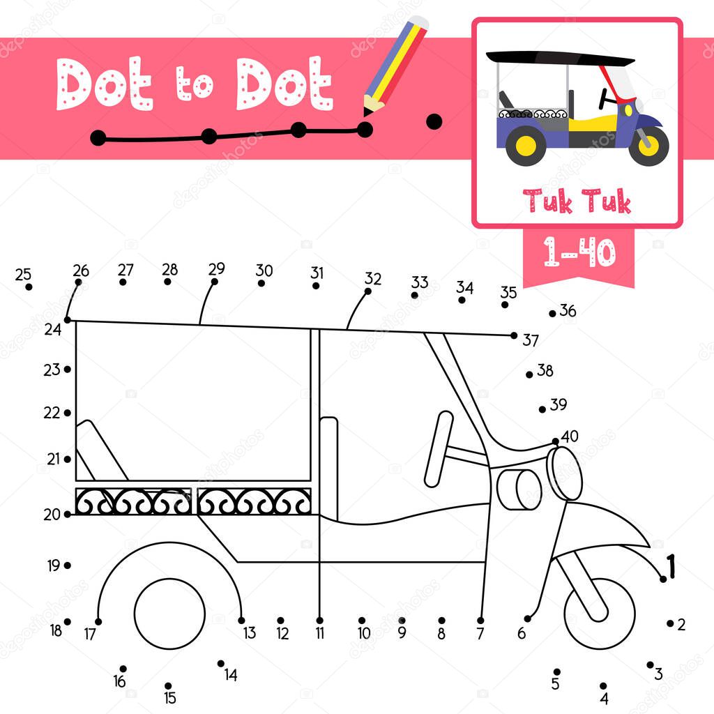 Dot to dot educational game and Coloring book of cute Tuk Tuk cartoon transportations for preschool kids activity about counting number 1-40 and handwriting practice worksheet. Vector Illustration.