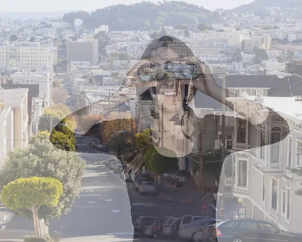 Young woman with binoculars in San Francisco. Double exposure po — Stock Photo, Image