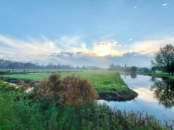 Lever Soleil Avec Brouillard Sur Les Prairies Nieuwerkerk Aan Den — Photo