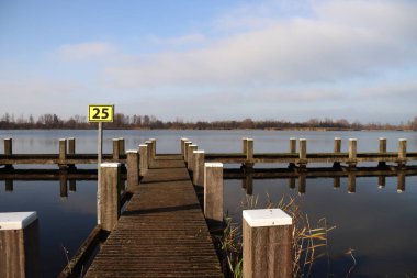 Hollanda 'nın Zevenhuizen bölgesindeki Rottemeren' de kamış şeritli ve ahşap iskeleli su.