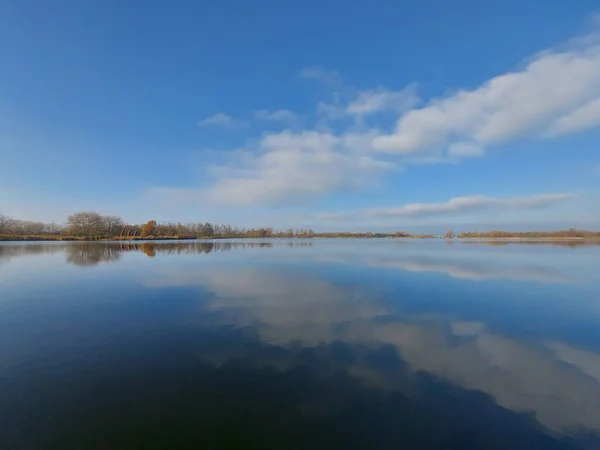 White Clouds Azure Blue Sky Reflection Water Surface Rottemeren Zevenhuizen — Stock Photo, Image