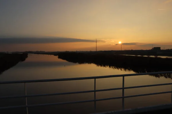 Coucher Soleil Sur Rivière Rotte Zevenhuizen Avec Les Moulins Vent — Photo