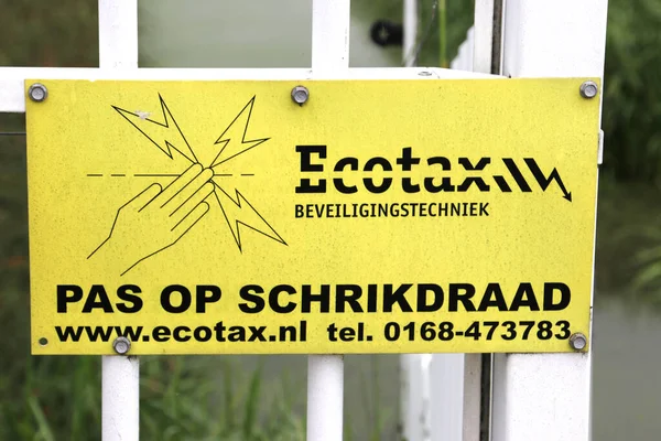 Yellow Warning Sign Shock Electric Fence Danger Dutch Language — Stockfoto