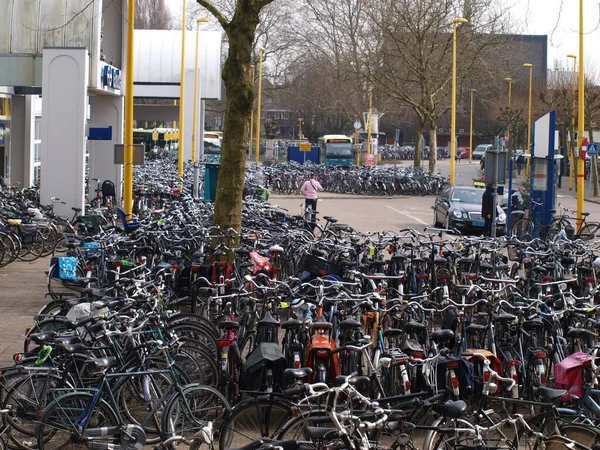 Везде Припаркованные Велосипеды Припаркованы Перед Вокзалом Гауда Нидерландах — стоковое фото