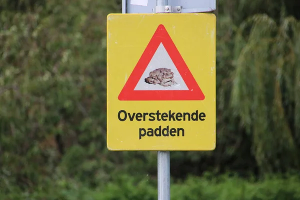 用荷兰语写成的Zoeterwould De语在交配季节横渡蟾蜍的黄色警告标志 — 图库照片