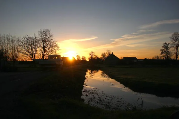 Západ Slunce Nad Loukami Nejnižšího Polderu Nizozemsku Zuidplaspolder Mezi Goudou — Stock fotografie
