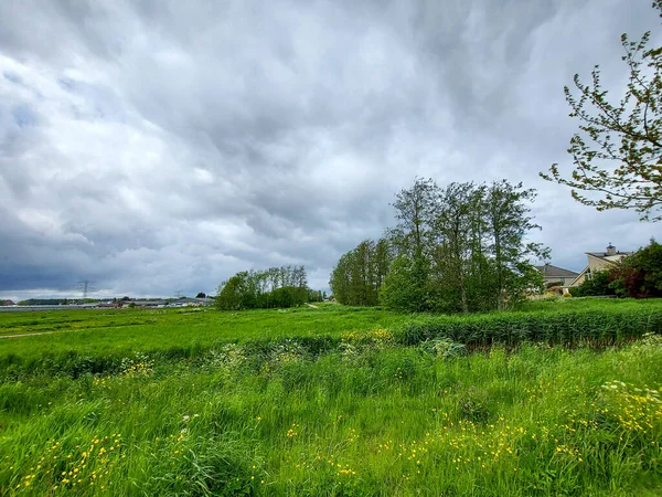 Groene Zoom Üstündeki Kara Bulutlar Capelle Nieuwerkerk Arasında Çimenli Kefaretli — Stok fotoğraf