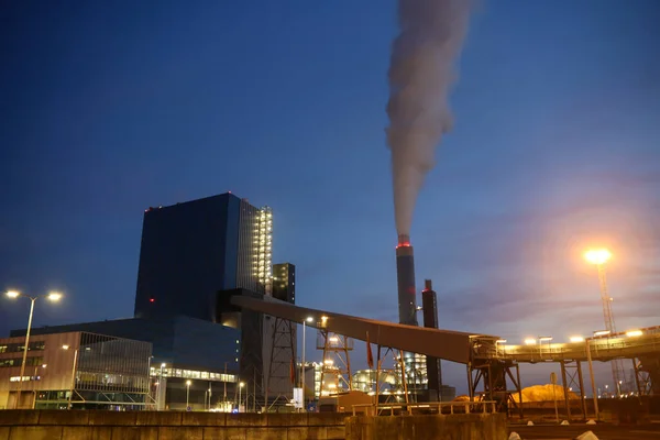 Kouř Elektrárny Přístavu Maasvlakte Při Západu Slunce Přístavu Rotterdam — Stock fotografie