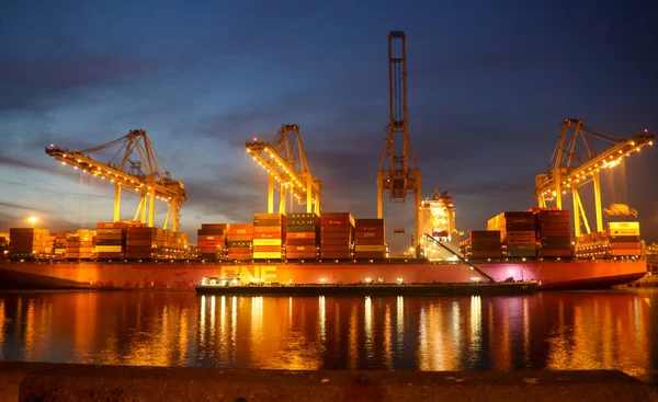 Jeřáby Kontejnerovém Terminálu Maasvlakte Při Západu Slunce Přístavu Rotterdam — Stock fotografie