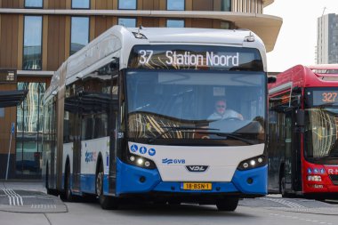 Amsterdam, Hollanda - 11 Ağustos 2025 - Amsterdam 'ın mavi ve beyaz şehir otobüsleri Amstel istasyonunda yerel hizmet için. 