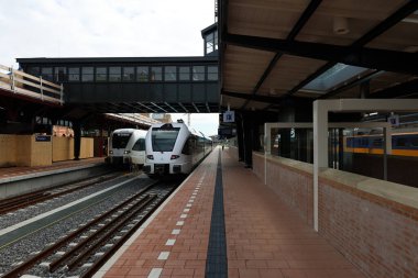 Stadler bölgesel banliyö treni Hollanda 'daki Groningen tren istasyonunda Arriva platformu boyunca ilerliyor.