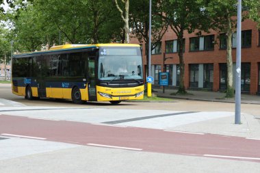 Sarı Qbuzz otobüsü Hollanda 'daki Heerenveen istasyonunda Frizya Kaynağı' na doğru koşuyor.