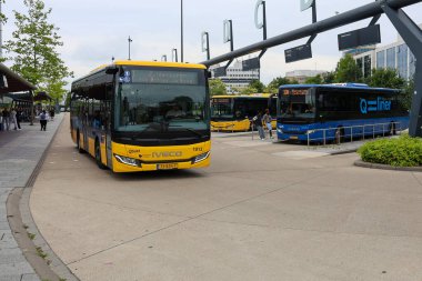 Sarı Qbuzz otobüsü Hollanda 'daki Leeuwarden İstasyonu' nda Frizya Kaynağı 'na doğru koşuyor.