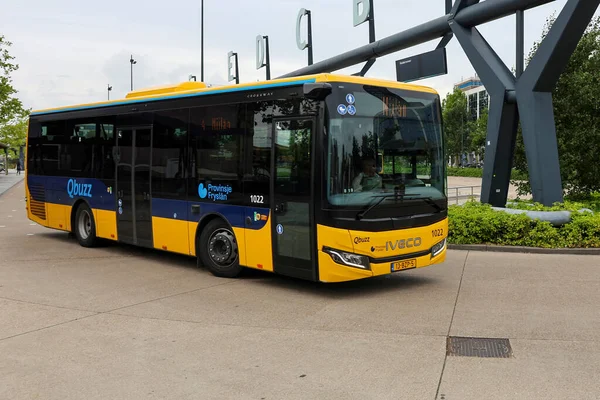 Sarı Qbuzz otobüsü Hollanda 'daki Leeuwarden İstasyonu' nda Frizya Kaynağı 'na doğru koşuyor.