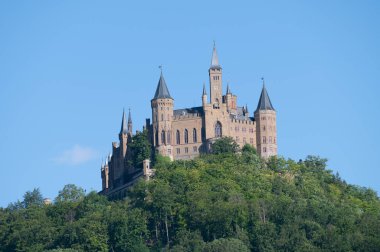 Hohenzollern Şatosu güneşli bir günde ağaçlarla dolu bir tepede yuva yapıyor.