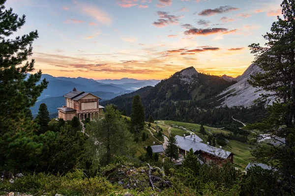 Lever Soleil Dessus Maison Roi Sur Schachen Roi Ludwig Cabane — Photo