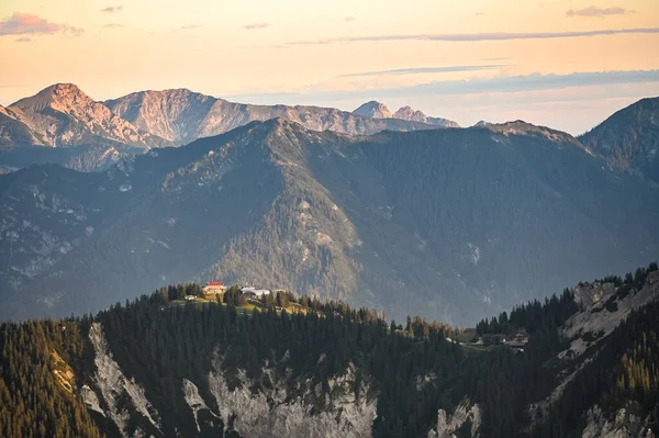 Summit Station Kreuzeck Lit Morning Sun Mountain Zugspitze — Stock Photo, Image