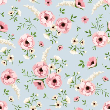 Mavi pembe ve beyaz çiçekler ile Seamless modeli. Vektör çizim.