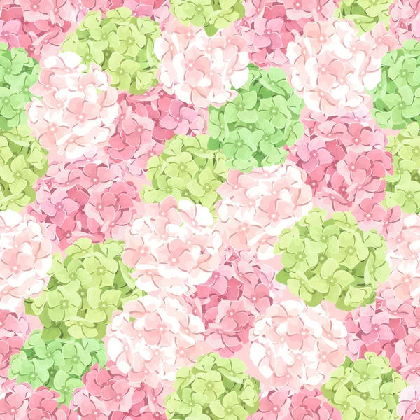 Motif sans couture avec des fleurs d'hortensia roses et vertes. Illustration vectorielle . — Image vectorielle