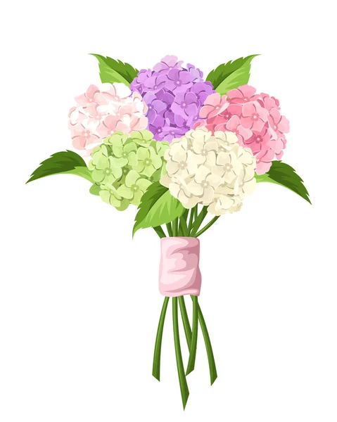 Bouquet di fiori di ortensia rosa, viola, verde e bianca. Illustrazione vettoriale . — Vettoriale Stock