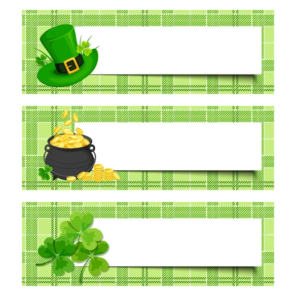 Hari St. Patrick banner dengan shamrock, pot emas dan topi leprechaun. Vektor eps-10 . - Stok Vektor