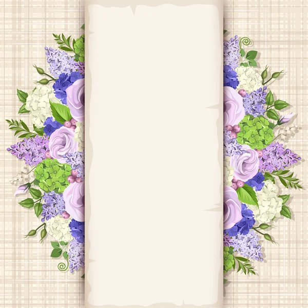 Card with blue, purple and white flowers. Vector eps-10. — Stock Vector