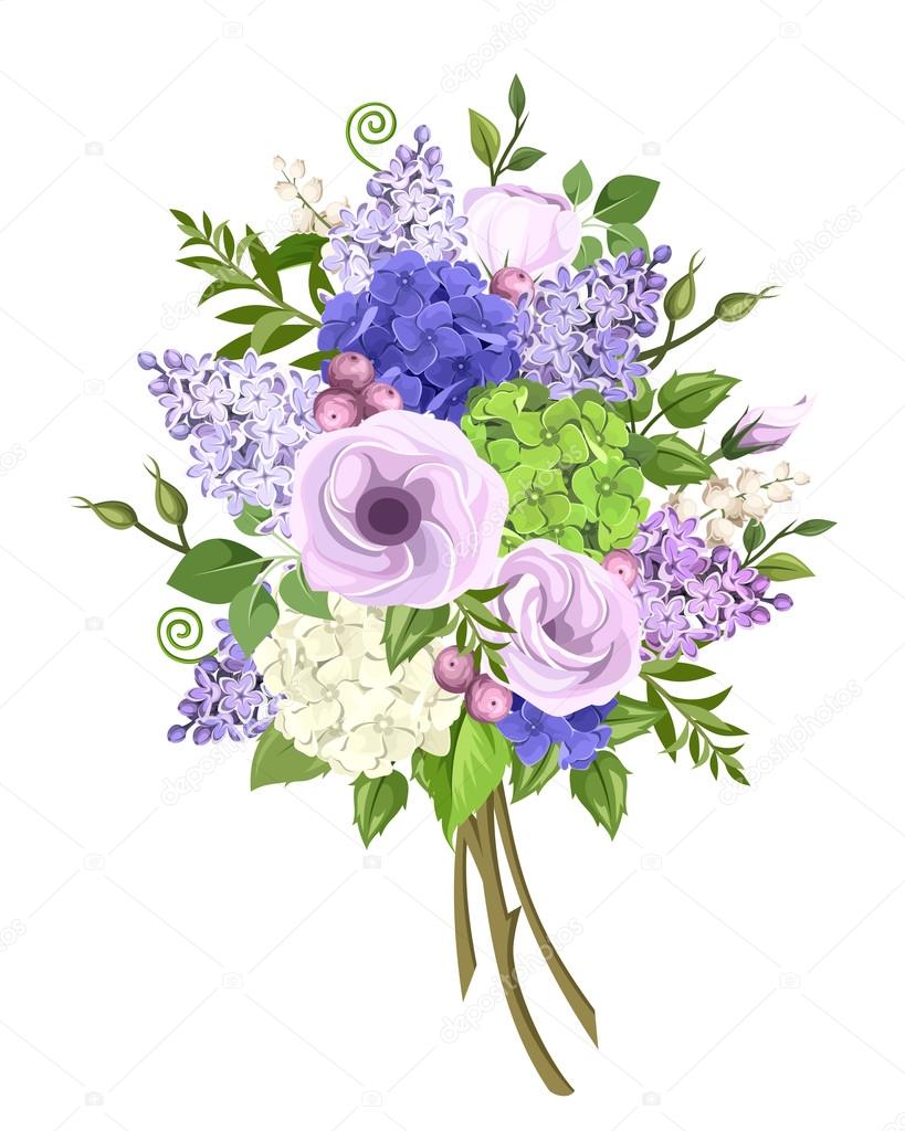 Bouquet of purple, blue, white and green flowers. Vector illustration.