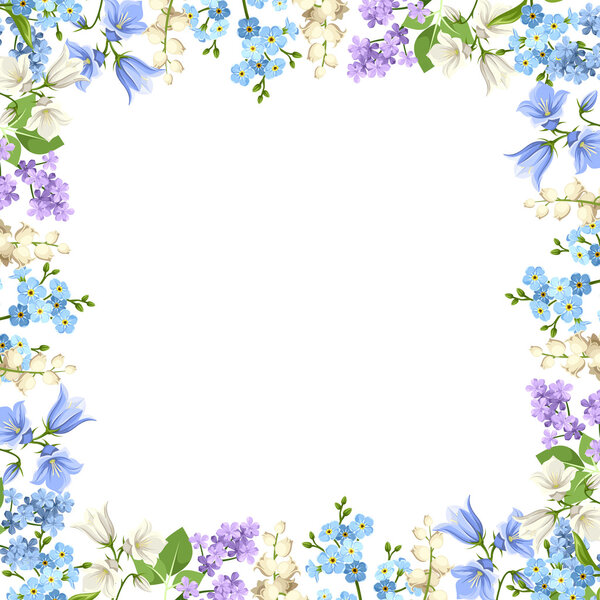 Frame with blue, purple and white flowers. Vector illustration.