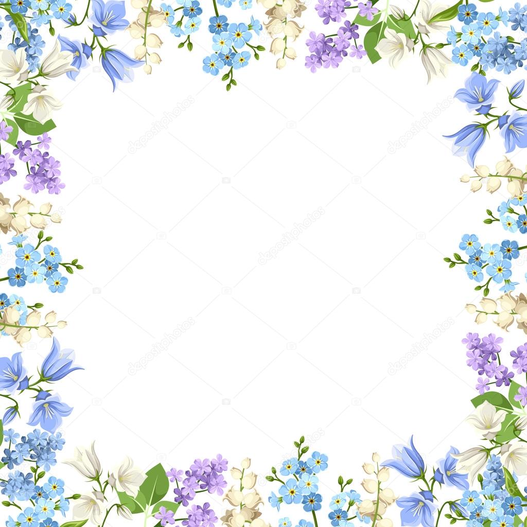 Frame with blue, purple and white flowers. Vector illustration.