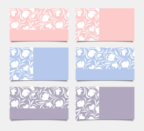 Roze, blauw en paars visitekaartjes met bloemmotief. Vector eps-10. — Stockvector