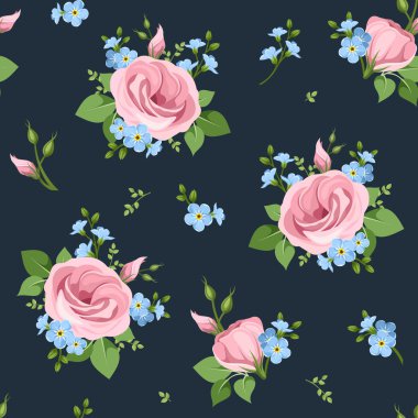 Seamless pattern with lisianthus and forget-me-not flowers. Vector illustration. clipart