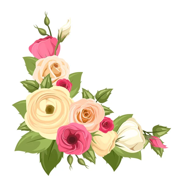 Rogu tło z róże różowy i pomarańczowy, kwiaty Lisianthius i Jaskier. Ilustracja wektorowa. — Wektor stockowy