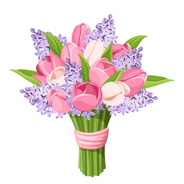 Μπουκέτο με τουλίπες και τα ιώδη λουλούδια. Vector εικονογράφηση. — Διανυσματικό Αρχείο