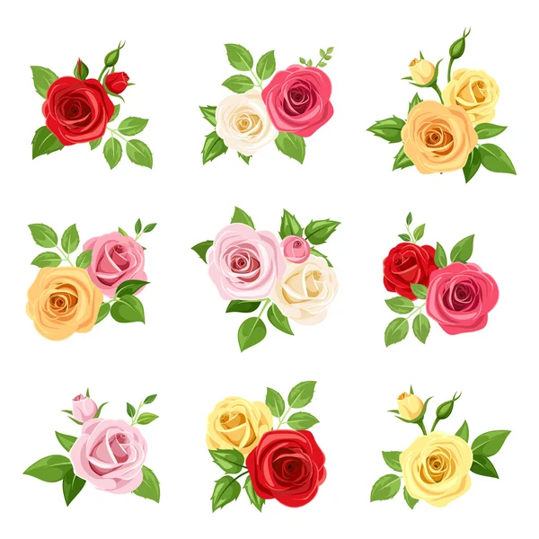 Set van rood, roze, wit, geel en oranje rozen. Vectorillustratie. — Stockvector