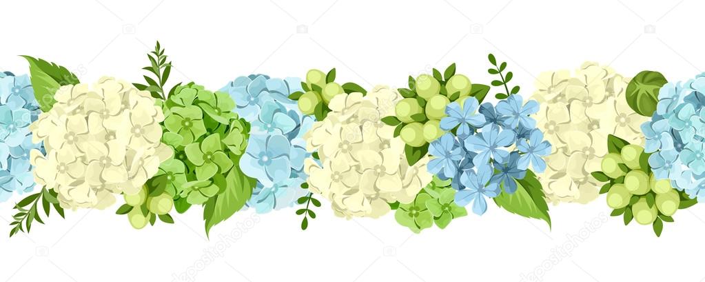 Horizontal seamless background with blue and white flowers. Vector illustration.